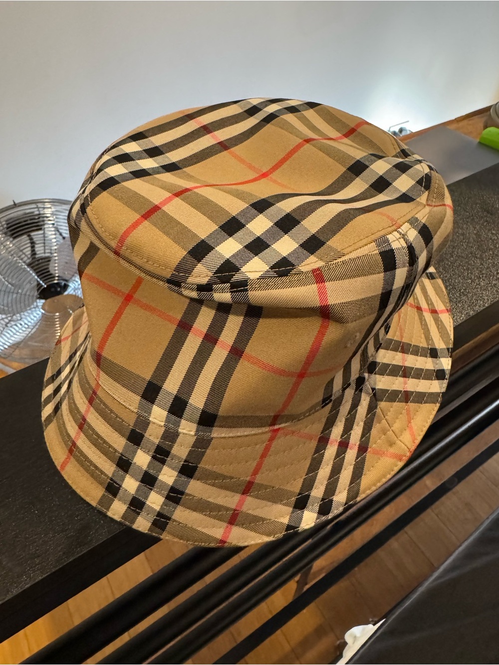 Burberry Tan Plaid Bucket Hat with Black & Red Accents - Picture 4 of 10
